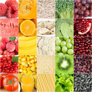 Healthy food background. Ñollection with different color fruits, berries, vegetables and different fresh food