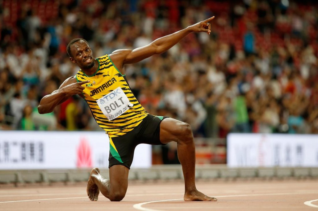 BEIJING, CHINA - AUGUST 27: Usain Bolt of Jamaica celebrates after winning gold in the Men's 200 metres final during day six of the 15th IAAF World Athletics Championships Beijing 2015 at Beijing National Stadium on August 27, 2015 in Beijing, China. (Photo by Christian Petersen/Getty Images for IAAF)